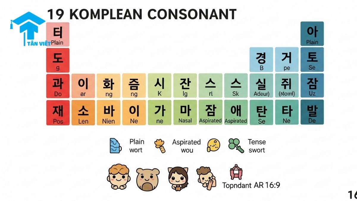 A complete infographic chart of all 19 Korean consonants (자음), organized by type. A helpful reference for beginners to learn the full Hangeul alphabet, practice pronunciation, and recognize all the letters for reading and writing Korean.