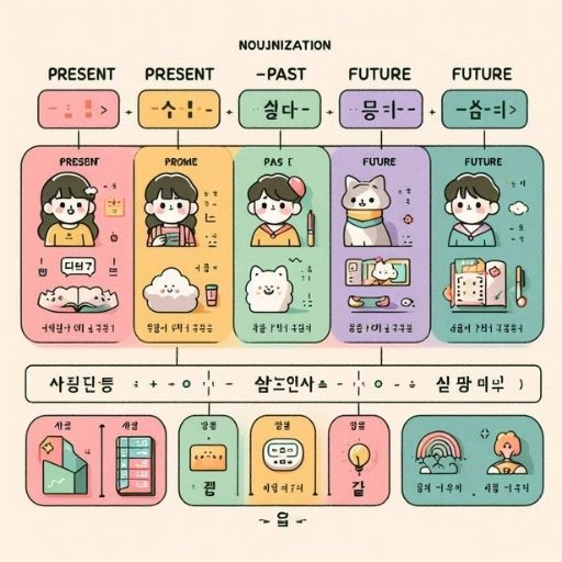 Infographic so sánh cách danh từ hóa với 것 theo thì (hiện tại, quá khứ, tương lai) trong tiếng Hàn.