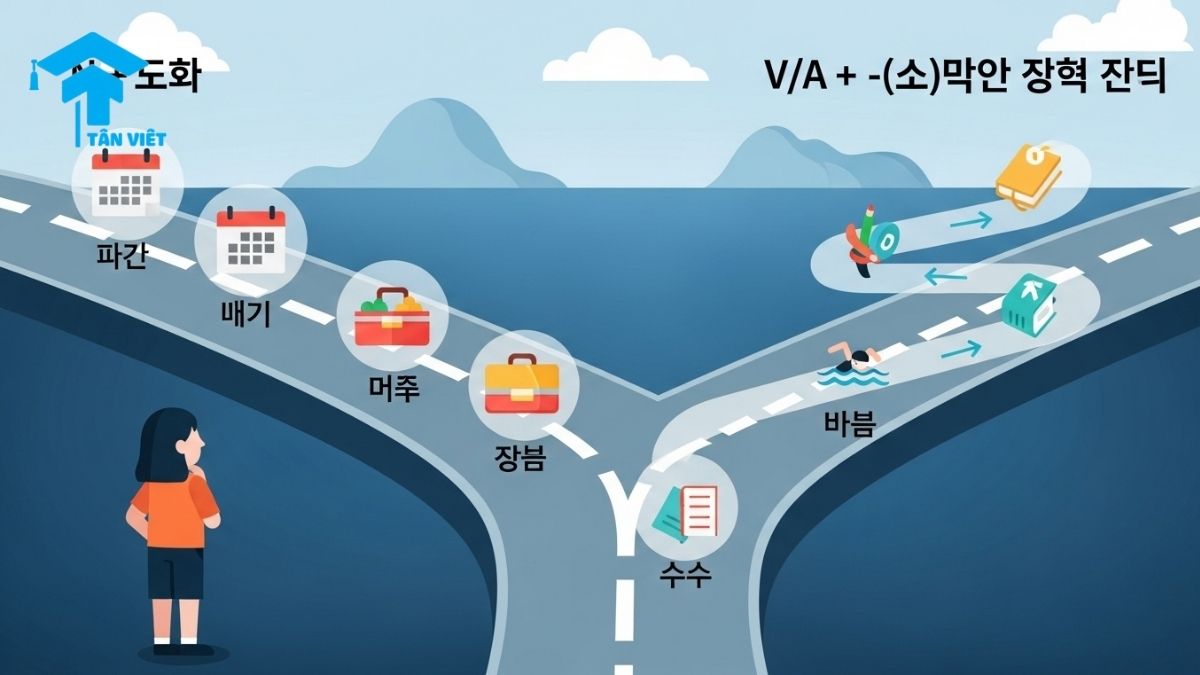 An illustration showing the difference between Korean grammar points N + 때 (for nouns) and V/A + -(으)ㄹ 때 (for verbs/adjectives), helping learners choose the correct structure for expressing 'when'.