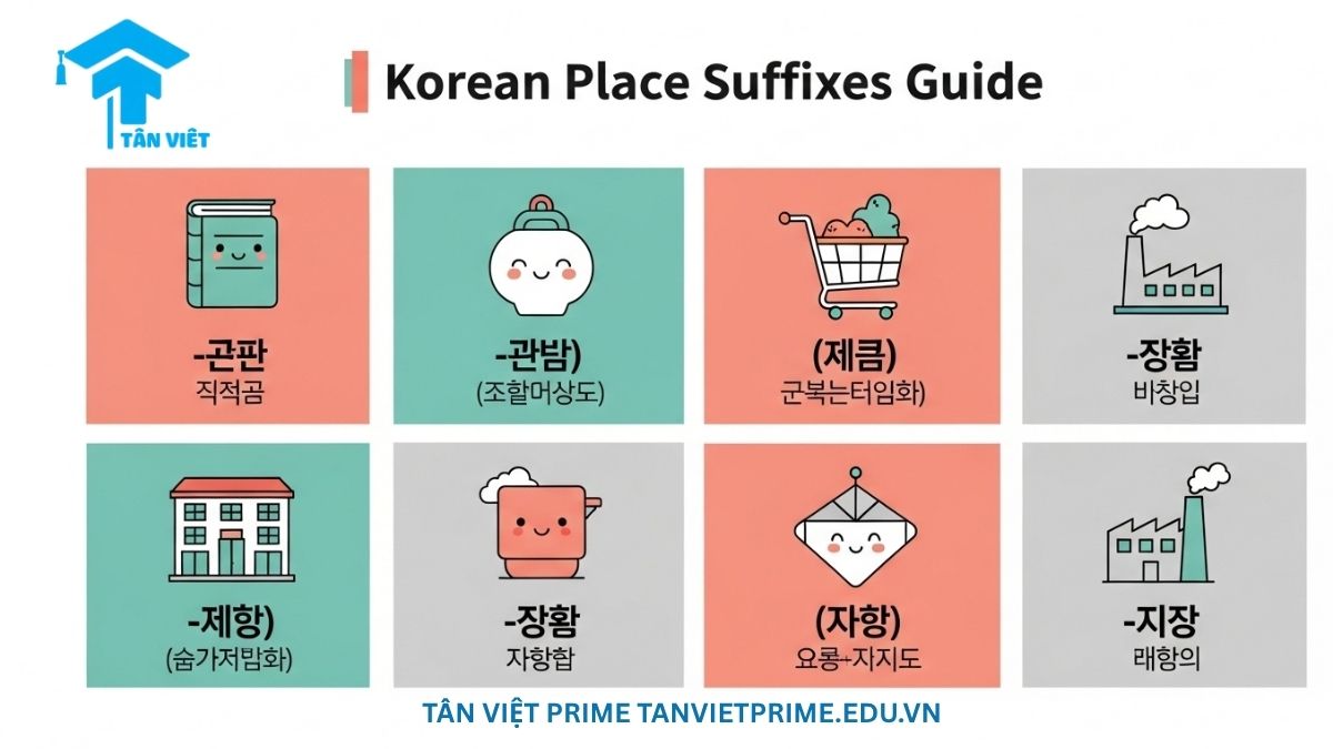 555 + Từ Vựng Tiếng Hàn Về Địa Điểm (장소): Cẩm Nang Toàn Diện (Kèm Phiên Âm) 3 Infographic giải thích các hậu tố chỉ địa điểm trong tiếng Hàn, mô tả các biểu tượng dễ thương cho mỗi hậu tố như -점, -관, -장 để giúp người học hiểu và suy luận ý nghĩa từ vựng một cách logic.