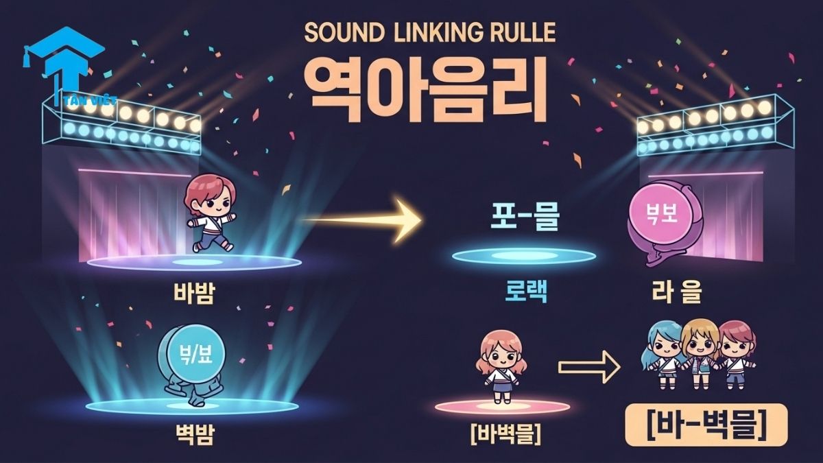 Nối Âm Tiếng Hàn (연음): Toàn Tập Quy Tắc & Luyện Phát Âm Batchim 2 Infographic phong cách K-pop cute về quy tắc phát âm batchim trong tiếng Hàn. Hình ảnh minh họa hiện tượng nối âm (Yeoneum) giúp luyện phát âm chuẩn và hiểu rõ hơn về ngữ âm tiếng Hàn.