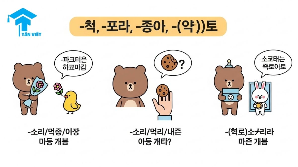 Modern and cute Korean infographic comparing three Korean grammar structures for indirect requests: -아/어/여 주라고 하다 (giving to another), -아/어/여 달라고 하다 (asking for oneself), and -(으)라고 하다 (imperative for the listener), using bear and bunny cartoon icons in different scenarios. Keywords: Korean grammar comparison, -주라고 vs -달라고 vs -(으)라고, indirect commands, request grammar, visual learning, Korean language.
