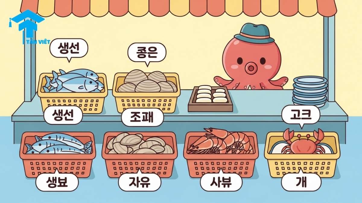 Từ vựng Tiếng Hàn về Hải sản (해산물): Toàn tập từ Cá, Tôm, Mực đến Món ăn 1 A cute Korean infographic of a seafood market stall explaining basic seafood vocabulary. It shows fish (생선), clams (조개), shrimp (새우), and crab (게) to help beginners learn essential Korean words for seafood.