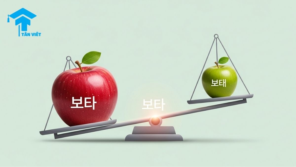 An infographic illustrating Korean comparison grammar, showing a scale comparing a big apple (사과) and a small grape (포도) with the particle 'boda' (보다) to explain the concept of 'more than' for beginners.