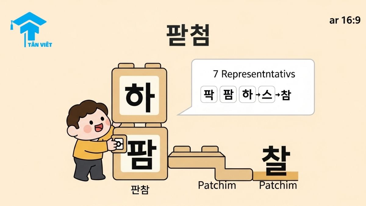 An educational infographic explaining the Korean final consonant, Patchim (받침). A visual guide shows how a consonant at the bottom of a syllable changes its sound, a key rule for learning to read Hangeul and improve Korean pronunciation.