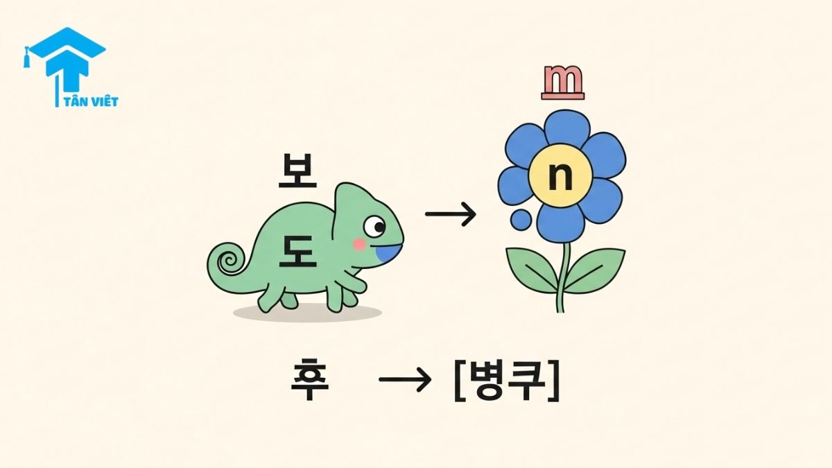 Infographic giải thích quy tắc biến âm tiếng Hàn (자음 동화), minh họa hiện tượng biến âm mũi (비음화) qua hình ảnh con tắc kè hoa, giúp người học phát âm chuẩn từ "입니다" thành "[임니다]"