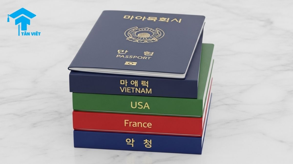 Từ Vựng Tiếng Hàn về Quốc Gia, Quốc Tịch và Ngôn Ngữ (Đầy Đủ A-Z) 2 A stack of passports showing country names in Korean like 'USA' (미국) and 'Vietnam' (베트남), a visual aid for learning Korean vocabulary about countries and nationalities (국적).