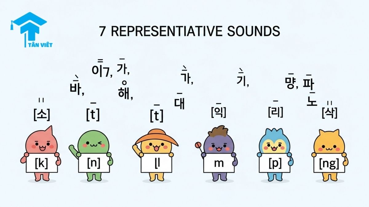 An educational infographic chart explaining the 7 final sounds of Korean final consonants (Patchim). This visual guide helps beginners learn that different letters like 'ㄷ, ㅅ, ㅈ' are all pronounced as [t] at the end of a syllable, simplifying Hangeul pronunciation rules.