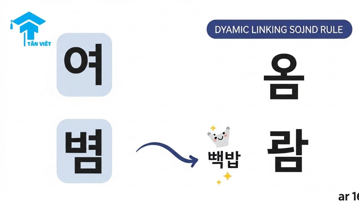 Patchim là gì? Giải Mã Toàn Tập Phụ Âm Cuối & Quy Tắc Biến Âm Tiếng Hàn 2 A simple infographic explaining the Korean linking sound rule (Yeoneum), a key part of Patchim pronunciation. The visual shows how a final consonant moves to the next syllable when it's a vowel, helping students learn to read Hangeul fluently and speak Korean naturally.