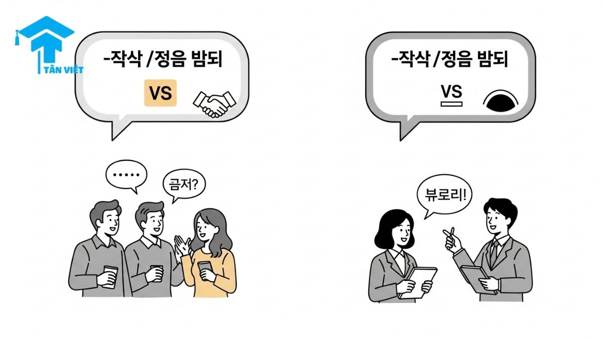 A/V-아/어도 되다: Ngữ pháp "Được Phép" & "Xin Phép" trong tiếng Hàn 3 Comparing Korean permission phrases "-아/어도 돼요" (casual) and "-아/어도 됩니다" (formal) with illustrated social contexts. Keywords: Korean grammar, formality, politeness, -아/어도 돼요, -아/어도 됩니다, language learning, illustration, comparison.