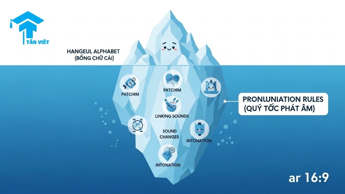 Phát Âm Tiếng Hàn: Hướng Dẫn Toàn Diện & Chuẩn Xác Cho Người Việt 3 An iceberg infographic illustrating the depth of Korean pronunciation. It shows that learning the Hangeul alphabet is just the tip, while the larger part consists of essential rules like Patchim, sound changes, and intonation needed to speak Korean fluently.