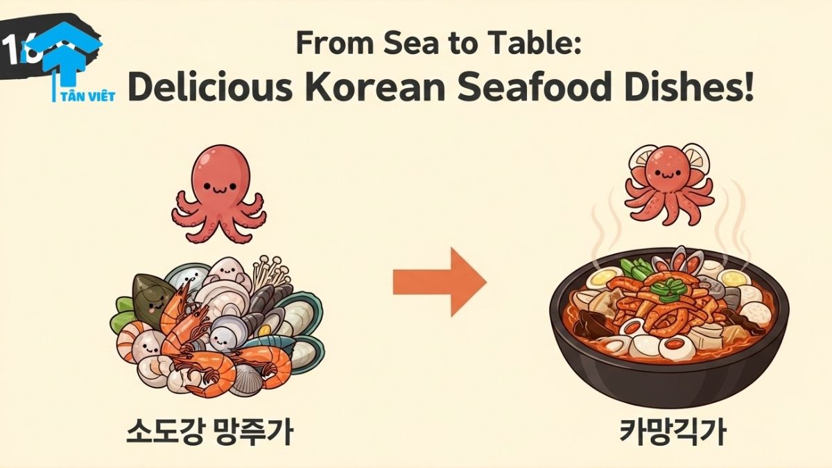 Từ vựng Tiếng Hàn về Hải sản (해산물): Toàn tập từ Cá, Tôm, Mực đến Món ăn 3 A cute Korean food infographic showing how seafood ingredients are made into popular dishes. It illustrates octopus (낙지) becoming stir-fried octopus (낙지 볶음) and mixed seafood (해물) becoming seafood stew (해물탕).