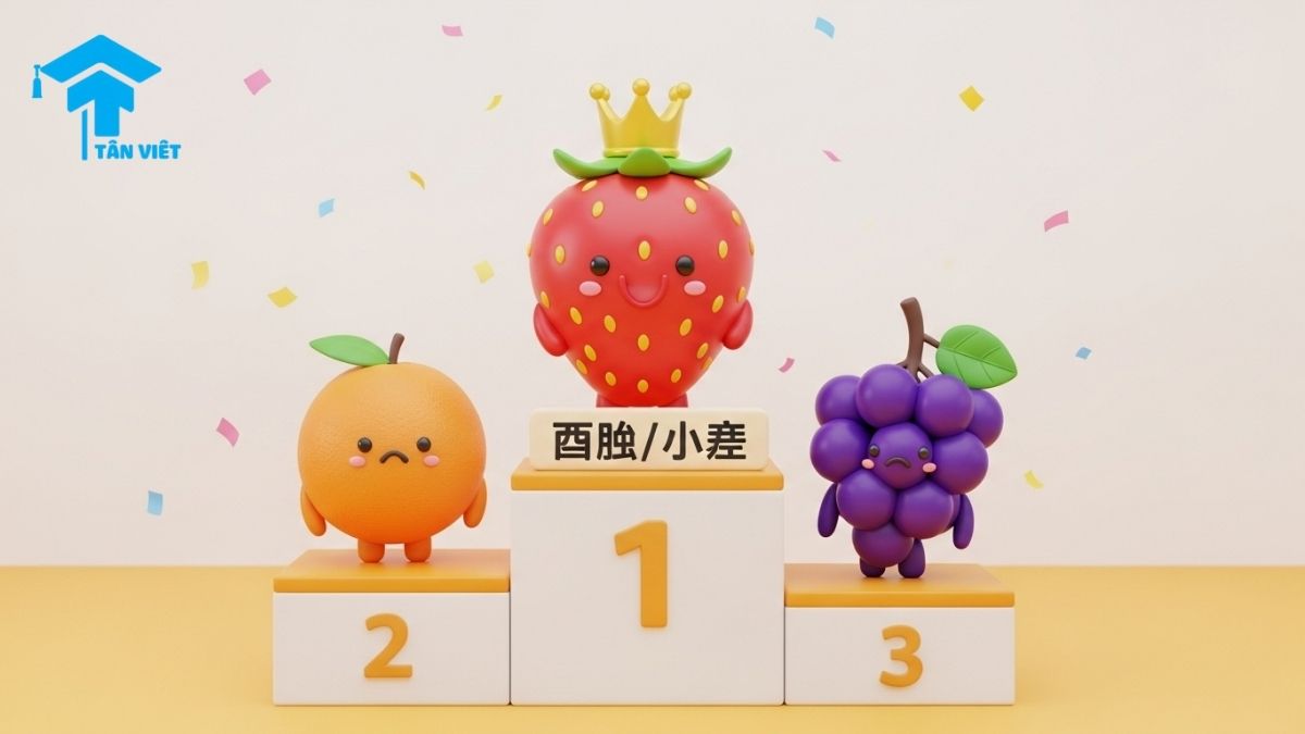 An image explaining the Korean superlative grammar 'gajang' (가장) and 'jeil' (제일), featuring a strawberry on a winner's podium as 'the best' compared to other fruits, for learning Korean superlatives.