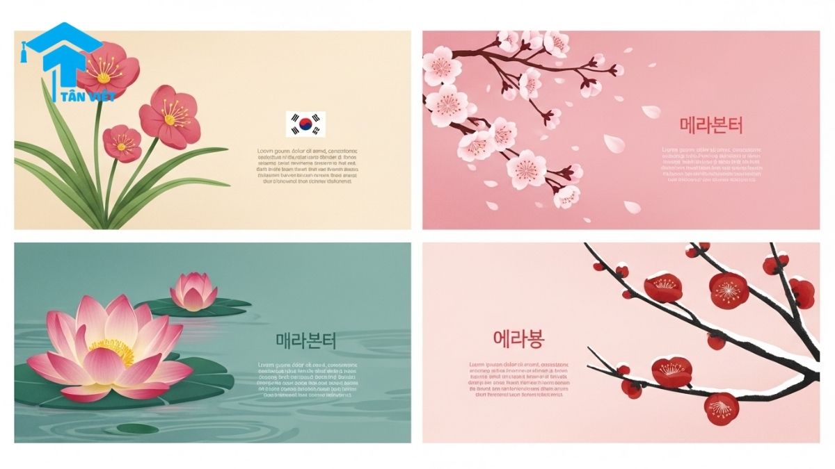 A beautiful infographic of Korea's most symbolic flowers: the national flower Mugunghwa (무궁화), Cherry Blossom (벚꽃), Lotus (연꽃), and Plum Blossom (매화). Learn essential Korean vocabulary and the deep cultural significance of these flowers.