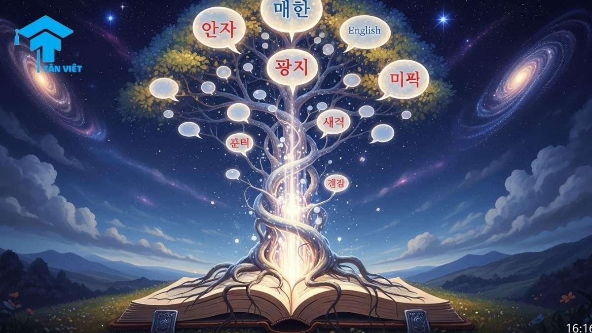 Từ Vựng Tiếng Hàn về Quốc Gia, Quốc Tịch và Ngôn Ngữ (Đầy Đủ A-Z) 3 A fantasy tree with leaves as speech bubbles showing different language names in Korean, such as 'Korean' (한국어) and 'English' (영어), symbolizing the connection between languages and countries.