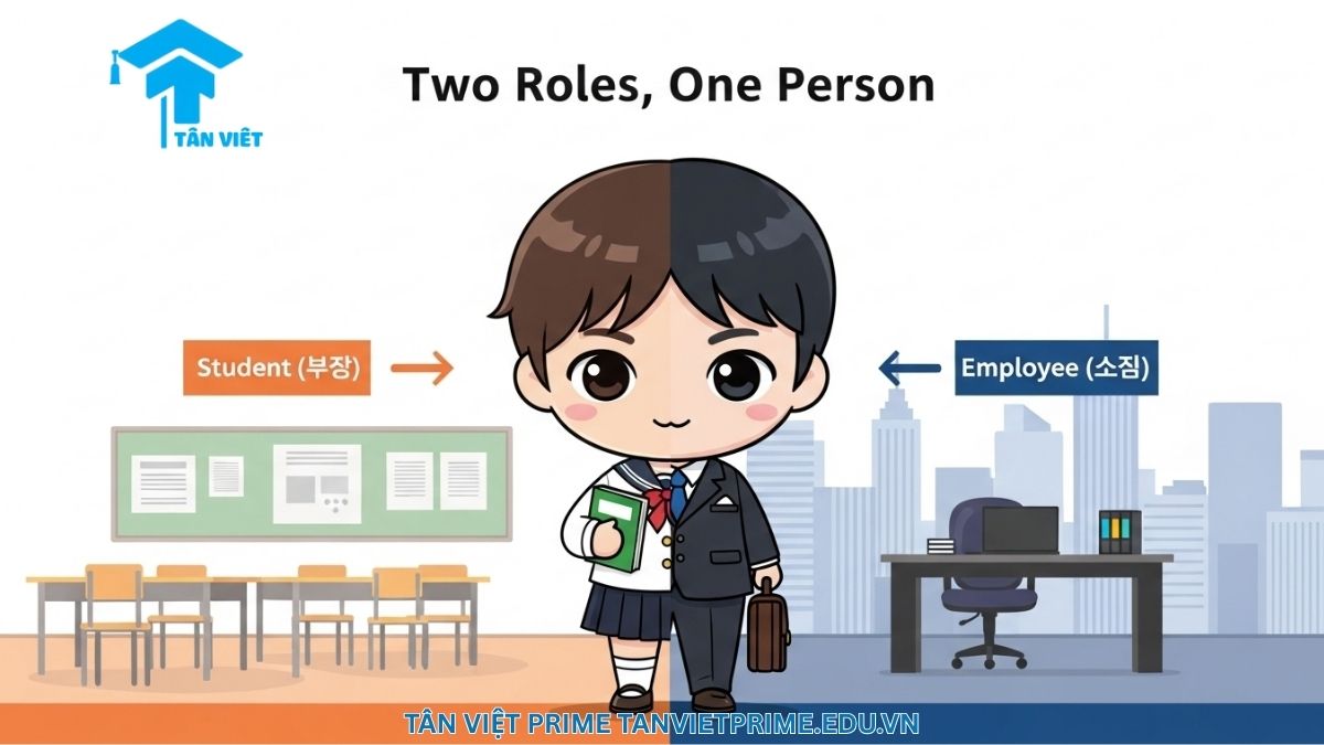 Ngữ Pháp V-(으)면서: Toàn Tập Cách Dùng "Vừa… Vừa…" & Phân Biệt A-Z 3 Hình ảnh minh họa giải thích ngữ pháp N+(이)면서, mô tả một nhân vật chibi được chia làm hai nửa: một bên là học sinh, một bên là nhân viên văn phòng, để làm rõ ý nghĩa "vừa là... vừa là..." hoặc hai vai trò, đặc điểm đối lập cùng tồn tại.