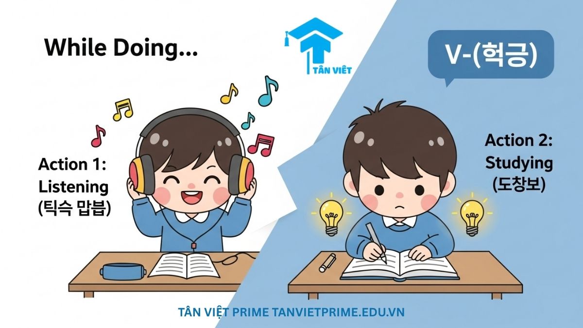 Ngữ Pháp V-(으)면서: Toàn Tập Cách Dùng "Vừa… Vừa…" & Phân Biệt A-Z 2 Infographic giải thích ngữ pháp V-(으)면서, mô tả hình ảnh một nhân vật chibi dễ thương vừa đeo tai nghe nghe nhạc vừa chăm chỉ học bài để làm rõ khái niệm "hai hành động xảy ra đồng thời". Hình ảnh giúp ghi nhớ cấu trúc "vừa... vừa..." trong tiếng Hàn hiệu quả.
