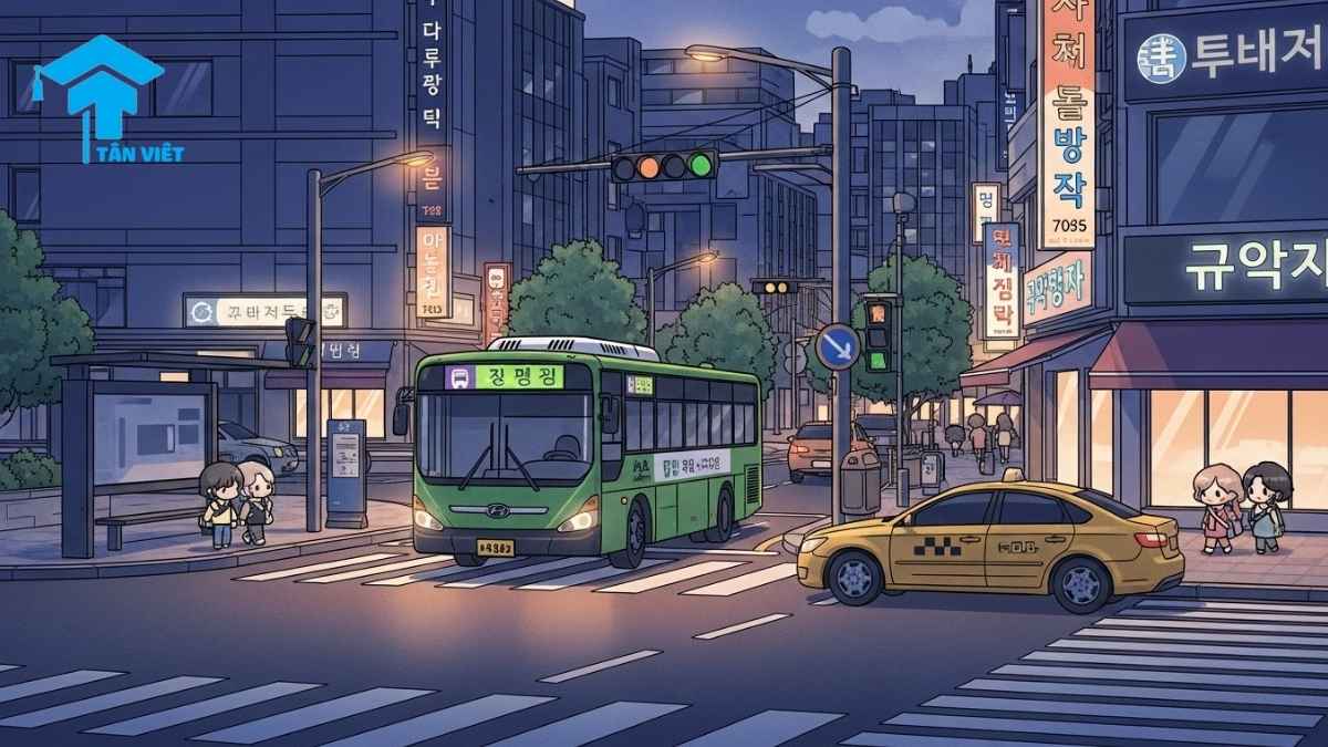 Từ Vựng Tiếng Hàn Chủ Đề Giao Thông: Toàn Tập A-Z Phương Tiện, Biển Báo & Giao Tiếp 1 A cute illustration of a Seoul street scene with a city bus (버스) and taxi (택시), capturing the vibrant energy of Korean transportation. A visual resource for learning Korean vocabulary for daily traffic (교통), streets (길), and getting around the city.