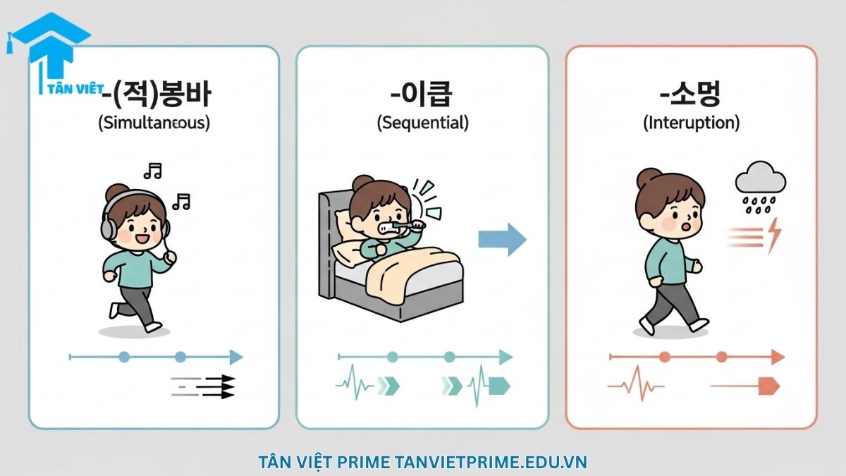 Ngữ Pháp V-(으)면서: Toàn Tập Cách Dùng "Vừa… Vừa…" & Phân Biệt A-Z 4 Sơ đồ infographic so sánh ngữ pháp tiếng Hàn -(으)면서, -고, và -다가, mô tả các nhân vật chibi minh họa cho hành động song song, hành động nối tiếp, và hành động bị xen ngang để giúp người học phân biệt rõ ràng cách dùng của từng cấu trúc.