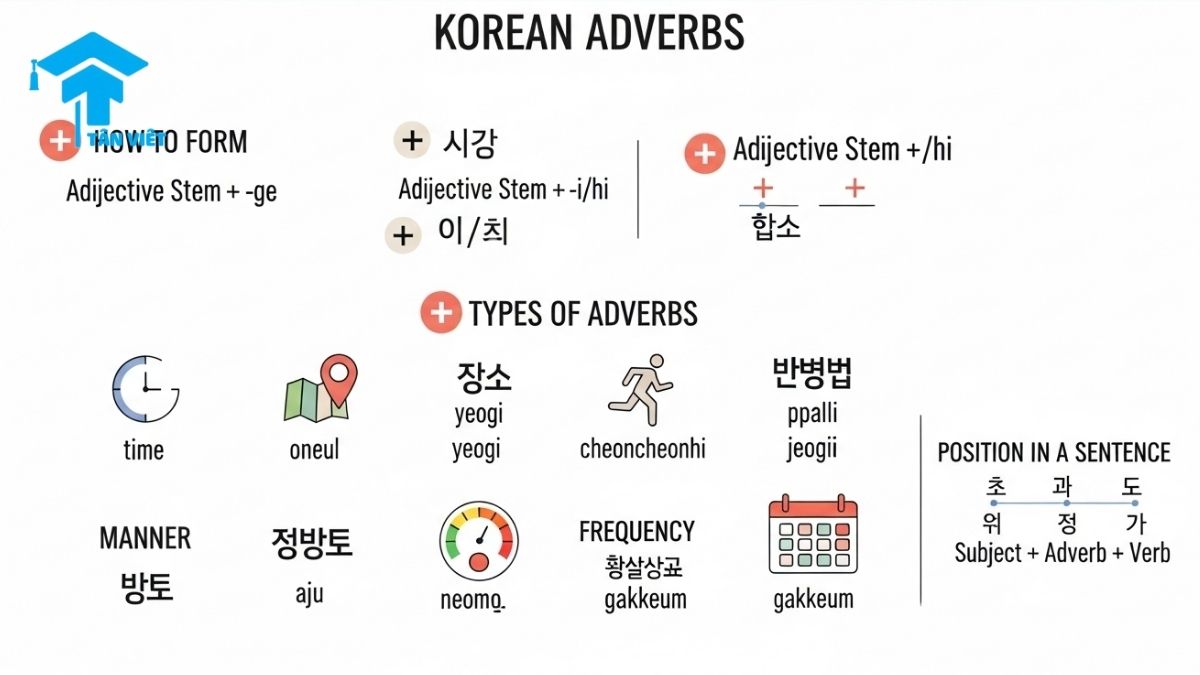 Infographic tổng quan về trạng từ tiếng Hàn (부사), giải thích định nghĩa, chức năng, cách hình thành trạng từ với hậu tố -게, -이/히, và phân loại chi tiết các trạng từ chỉ thời gian, nơi chốn, mức độ, tần suất.