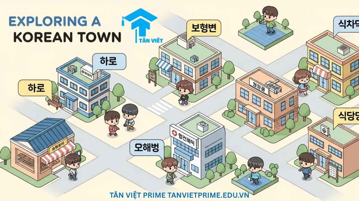 555 + Từ Vựng Tiếng Hàn Về Địa Điểm (장소): Cẩm Nang Toàn Diện (Kèm Phiên Âm) 1 Infographic dễ thương giải thích từ vựng tiếng Hàn về địa điểm, mô tả một bản đồ thành phố nhỏ với các tòa nhà như trường học, bệnh viện, ngân hàng được chú thích bằng tiếng Hàn và phiên âm để giúp người học hình dung và ghi nhớ từ vựng một cách trực quan.