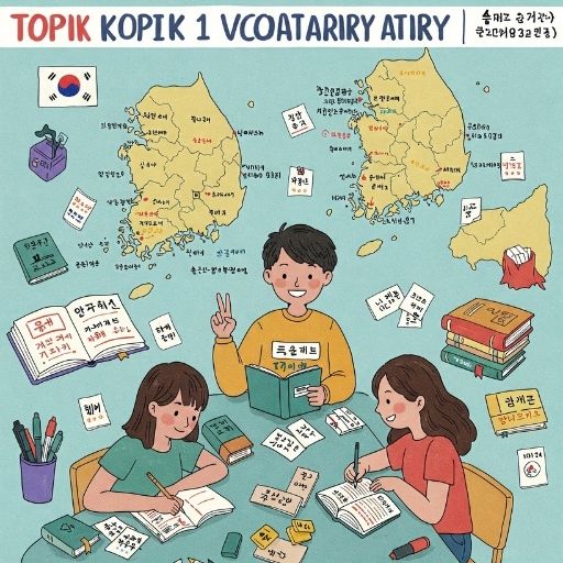 Hình ảnh minh họa các bạn học viên đang học từ vựng TOPIK 1, bao gồm từ vựng, sách giáo trình và bản đồ Hàn Quốc.