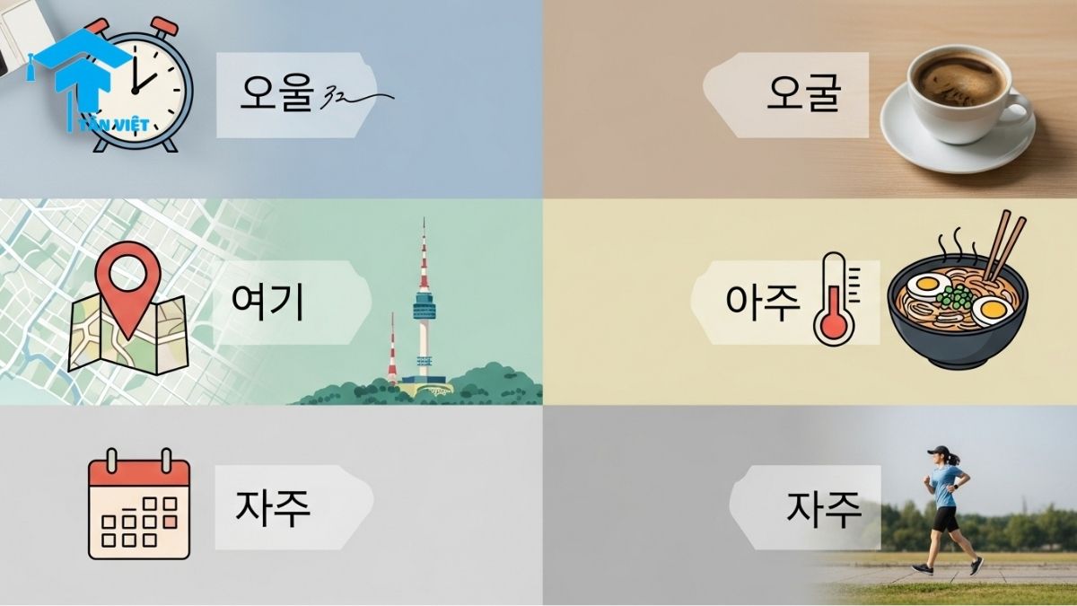 Ảnh ghép minh họa các loại trạng từ tiếng Hàn (부사) chính, bao gồm các ví dụ về thời gian (오늘), nơi chốn (여기), mức độ (아주), và tần suất (자주). Một hình ảnh hữu ích để học ngữ pháp tiếng Hàn và cách phân loại trạng từ.