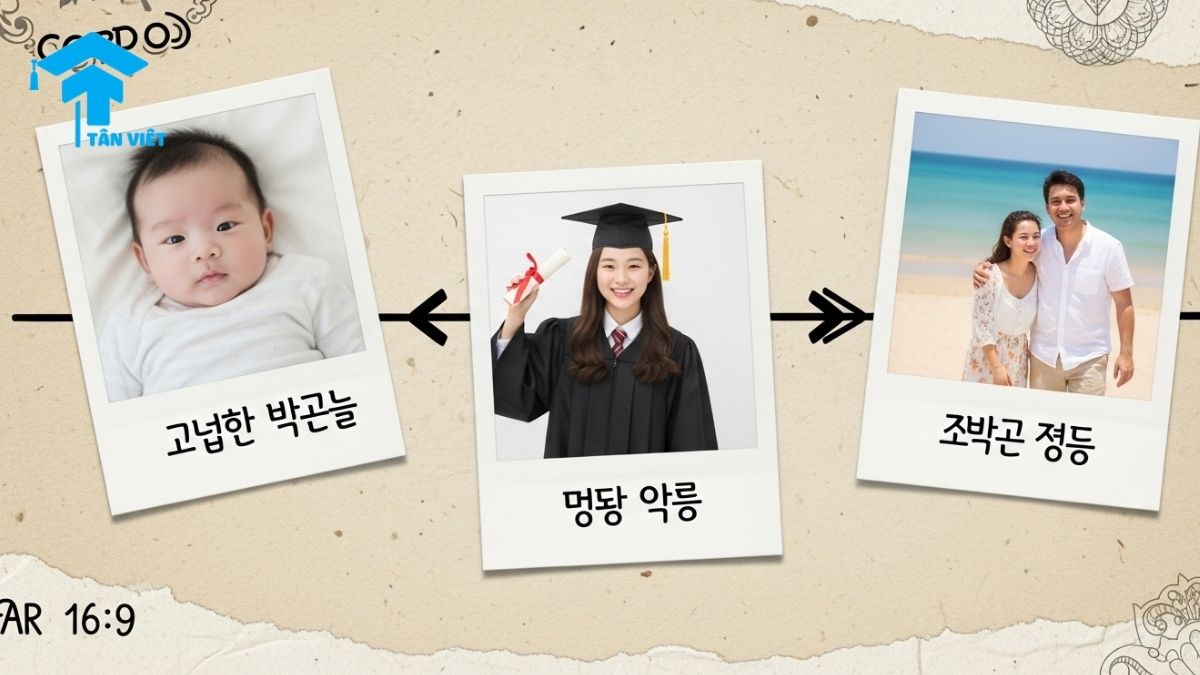 A timeline of life moments using the Korean grammar N + 때, with pictures for 'when I was young' (어릴 때), 'during the graduation ceremony' (졸업식 때), and 'during vacation' (휴가 때) to show practical examples.