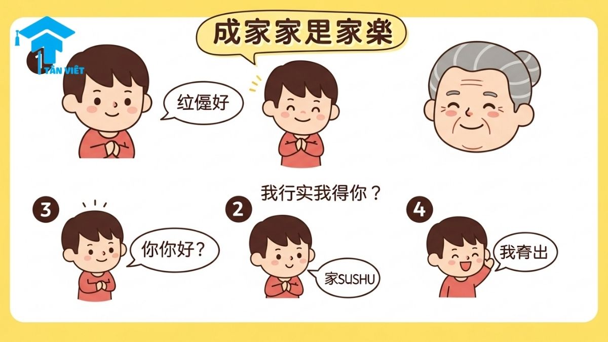 Từ Vựng Tiếng Trung Chủ Đề Gia Đình: Toàn tập Cách Xưng Hô Từ A-Z 3 Cute Korean infographic showing how to respectfully address elders in Chinese using "您好" (Nín hǎo) and asking "我应该怎么称呼您?" (Wǒ yīng gāi zěn me chēng hu nín?) before using appropriate terms like 叔叔 (Shūshu). Keywords: Chinese honorifics family, respectful address Mandarin, addressing elders China, Chinese cultural norms family, cute Korean style guide.