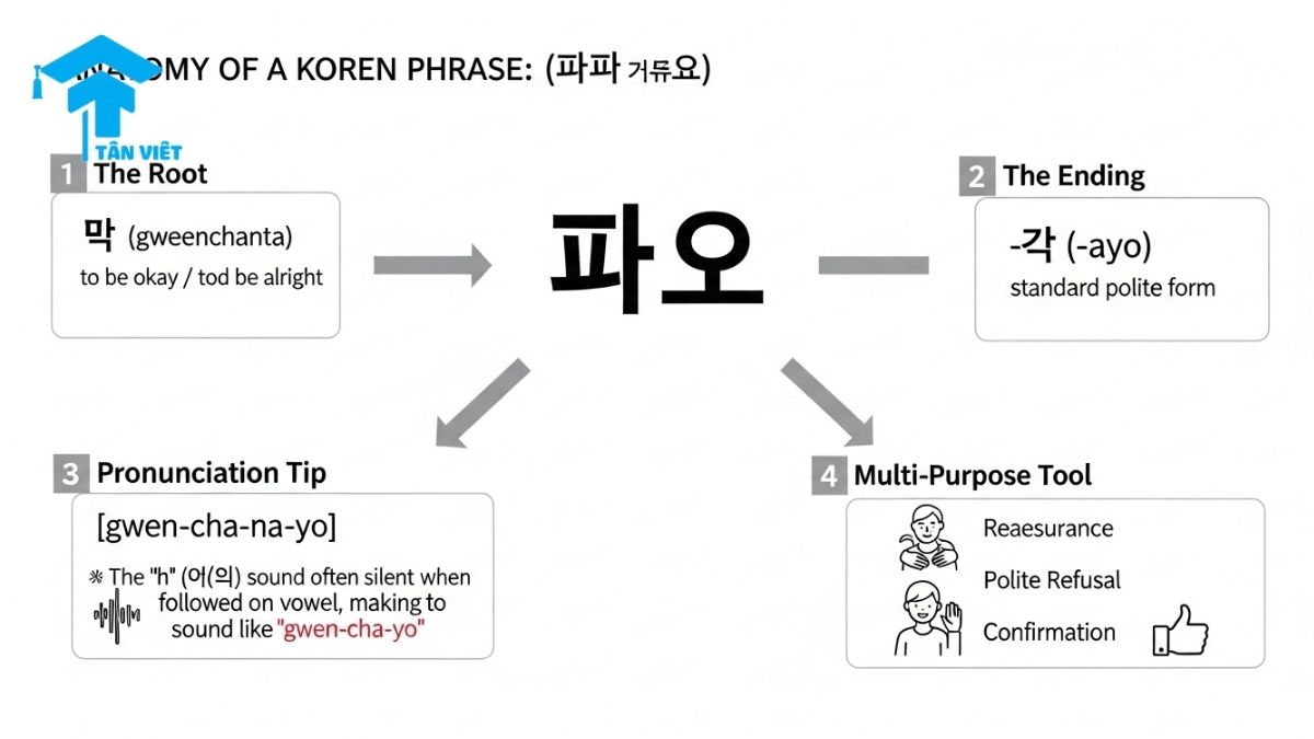 An infographic detailing the anatomy of the Korean phrase "Gwaenchanayo". It breaks down the root verb, polite ending, pronunciation rules, and a variety of uses, providing a deep dive into Korean grammar and vocabulary.