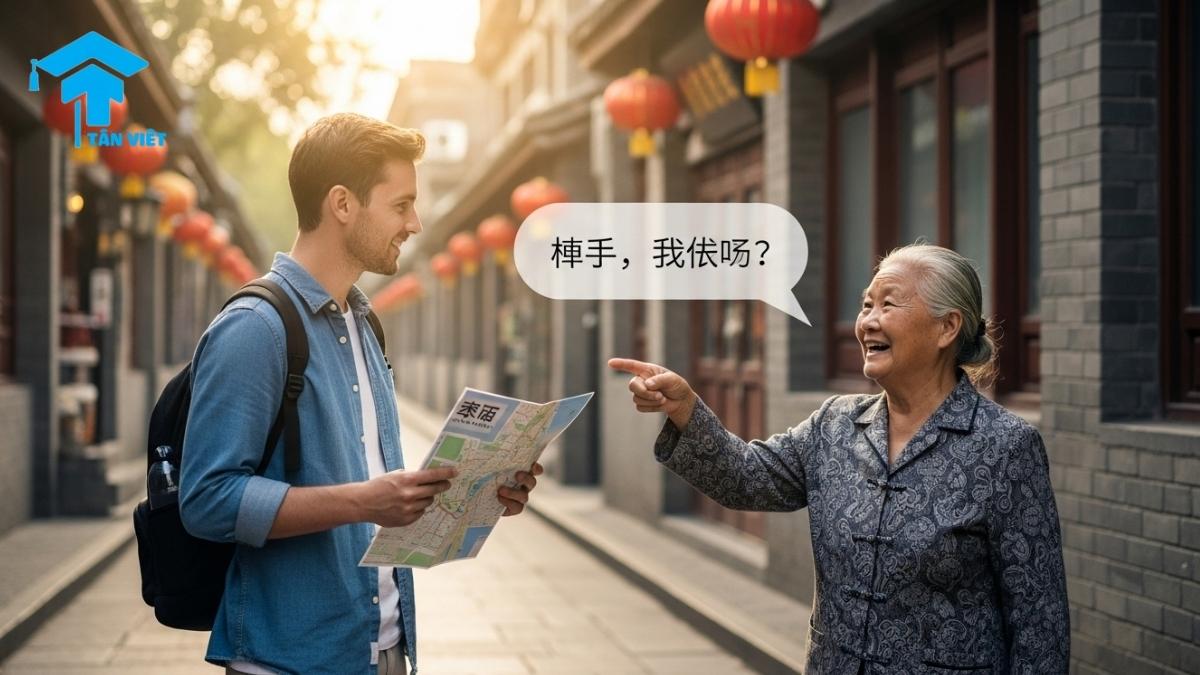 Từ Vựng Tiếng Trung Du Lịch: Cẩm Nang A-Z Cho Mọi Chuyến Đi 3 A 16:9 photo of a traveler asking for directions in China, demonstrating the use of essential Chinese phrases for navigation. This image supports a lesson on travel vocabulary for asking questions and understanding directions in Mandarin.