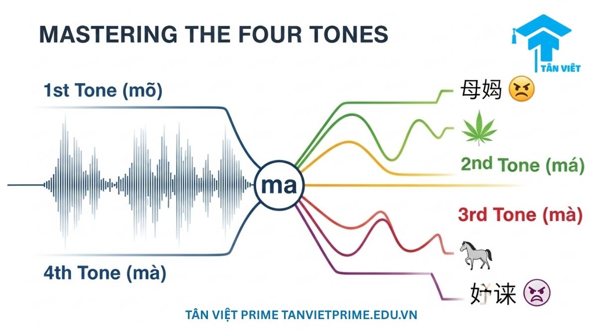 Infographic giải thích 4 thanh điệu chính của Pinyin, mô tả sự thay đổi cao độ của âm "ma" (mā, má, mǎ, mà) dẫn đến các chữ Hán và ý nghĩa khác nhau để làm rõ tầm quan trọng của thanh điệu. Hướng dẫn phát âm tiếng Trung chuẩn.