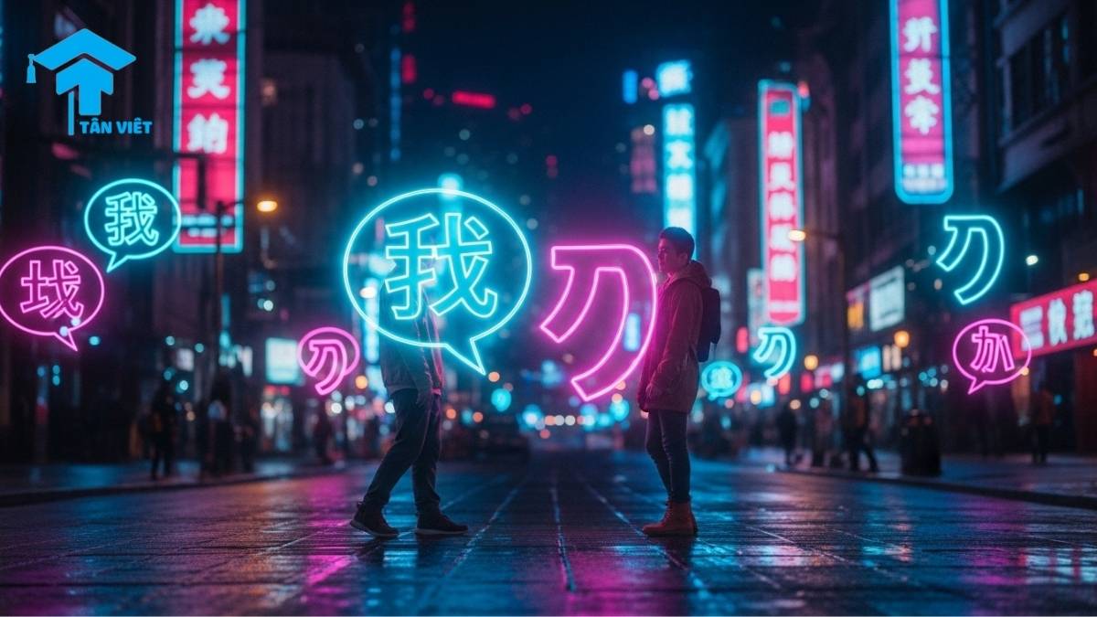 Cách Dùng Đại Từ Tiếng Trung (我,你,他): Cẩm Nang Cho Người Mới Học 3 Cách dùng đại từ tiếng Trung 我 và 你 trong giao tiếp hiện đại, minh họa bằng hình ảnh các ký tự hologram neon sống động trên đường phố Thượng Hải về đêm.