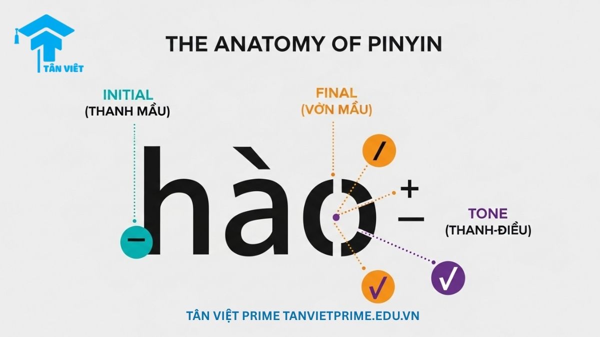 Infographic giải thích cấu trúc âm tiết Pinyin, mô tả chữ "hǎo" được tách thành 3 phần: Thanh mẫu "h", Vận mẫu "ao" và Thanh điệu (dấu hỏi) để làm rõ cách một âm tiết được cấu thành. Giúp người mới bắt đầu hiểu rõ nền tảng Pinyin