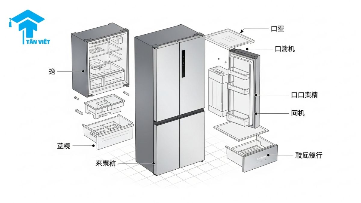 Từ Vựng Tiếng Trung Về Đồ Gia Dụng (Gia Dụng, Nội Thất, Thiết Bị) 2 An exploded view infographic of a refrigerator showing detailed Chinese vocabulary for its parts, such as the freezer (冷冻室 - lěngdòngshì) and drawers (抽屉 - chōuti). This image helps with learning specific terms and measure words (量词 - liàngcí) for appliances.