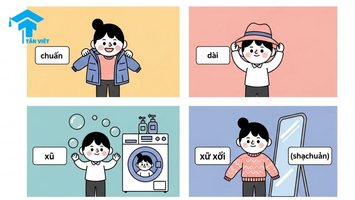 Từ Vựng Tiếng Trung Chủ Đề Quần Áo: 150+ Từ Về Trang Phục, Giày Dép A-Z 2 A cute infographic for learning essential Chinese verbs related to clothing. The image illustrates the actions for 穿 (to wear), 戴 (to wear accessories), 洗 (to wash), and 试穿 (to try on) with adorable cartoon characters, aiding in practical vocabulary acquisition
