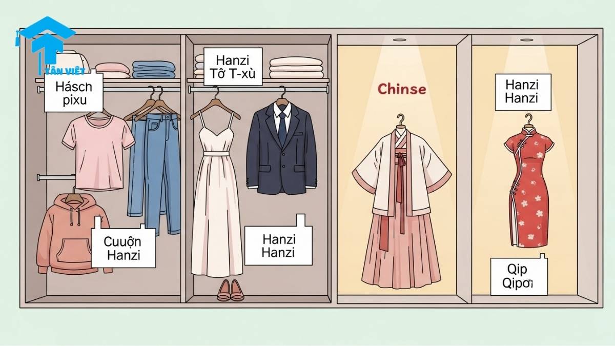 Từ Vựng Tiếng Trung Chủ Đề Quần Áo: 150+ Từ Về Trang Phục, Giày Dép A-Z 1 A cute infographic of a vocabulary wardrobe for learning Chinese clothing terms. Image categorizes apparel, including daily wear like T-shirts (T恤), formal wear (西装), and traditional Chinese clothing like Hanfu (汉服) and Qipao (旗袍), helping to build fashion vocabulary in Chinese.