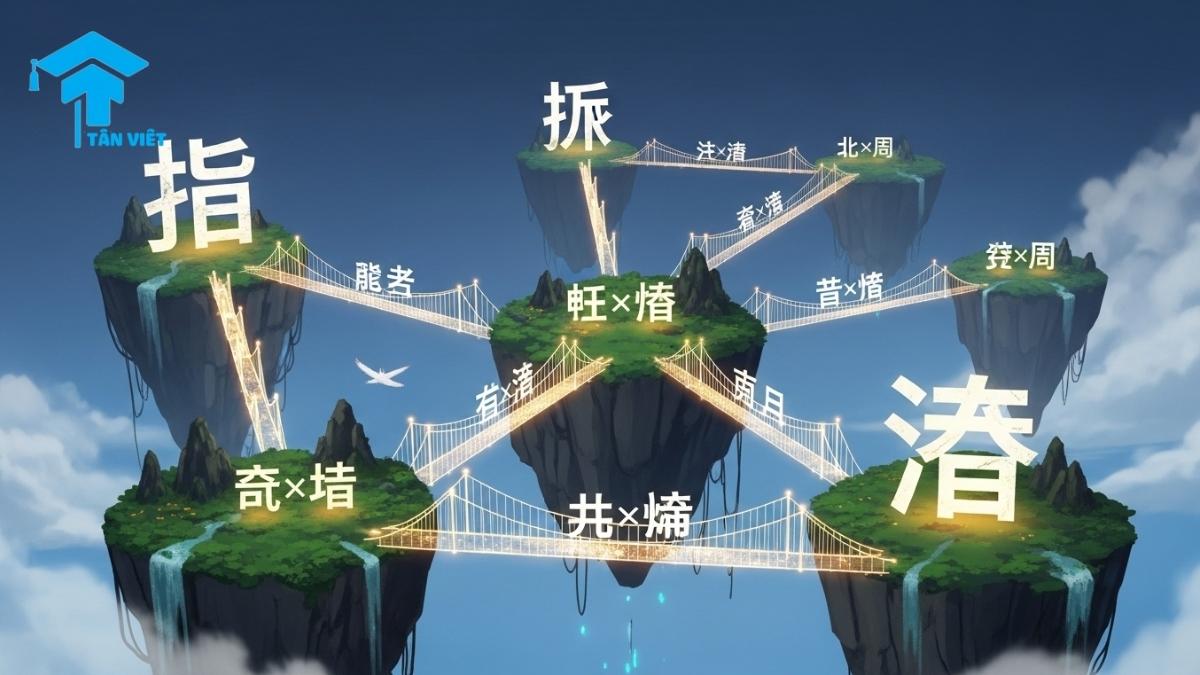 An illustration of Chinese conjunctions (连词 / liáncí) acting as glowing bridges connecting ideas, demonstrating their role in Chinese grammar for linking words and clauses like 'and' (和) and 'but' (但是).