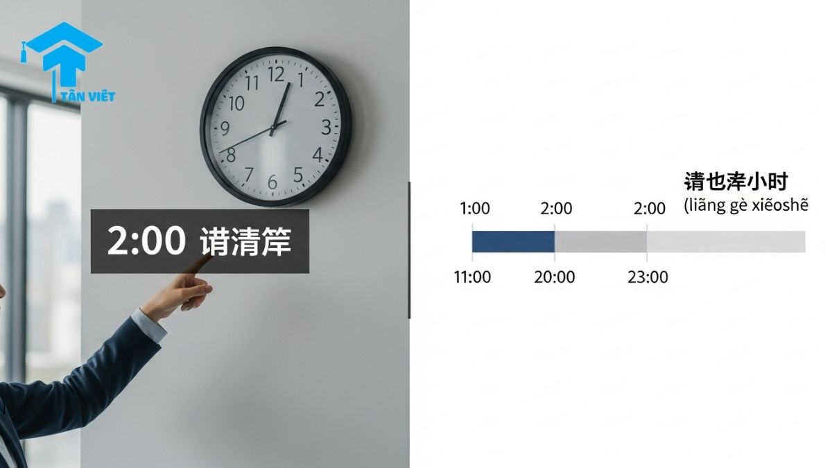 Hướng Dẫn Đọc Giờ Tiếng Trung (A-Z): 点, 分, 半, 刻 & Giờ Kém 3 A 16:9 comparison image explaining the difference between a point in time (点, diǎn) and a duration of time (小时, xiǎoshí) in Mandarin Chinese. This visual guide helps learners correctly use Chinese grammar for telling time and duration.