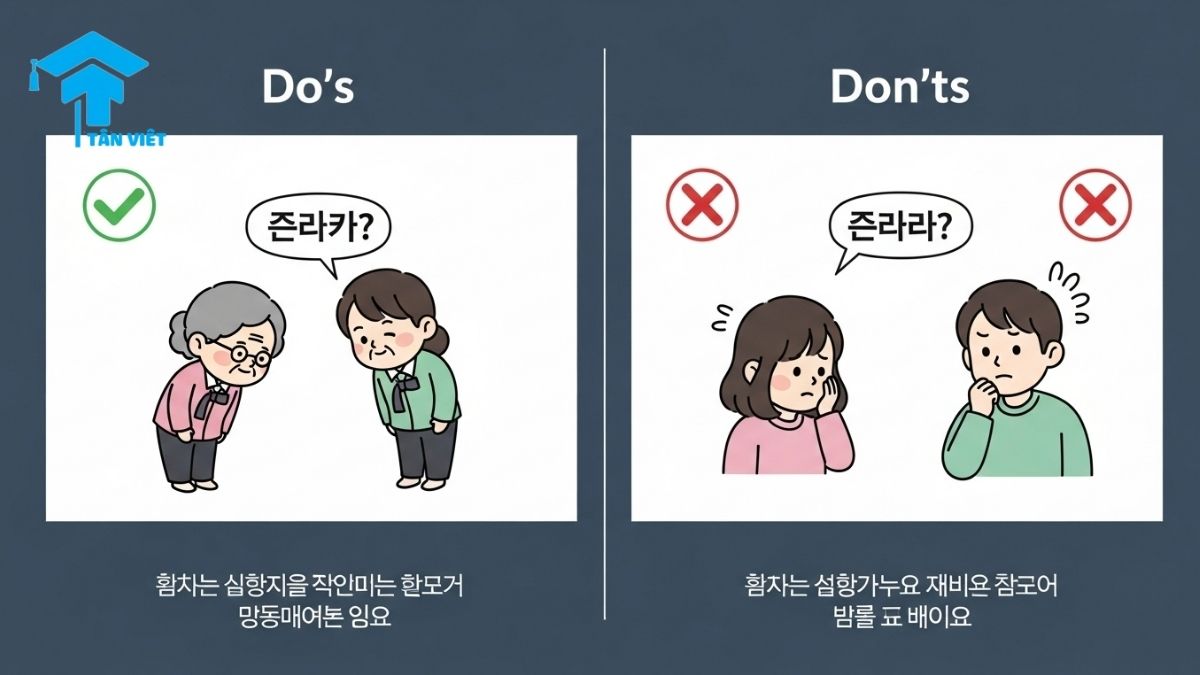 A cute 'Do's and Don'ts' infographic on Chinese greeting etiquette, showing how to use 'Nǐ hǎo' (你好) and 'Nín hǎo' (您好) correctly. A cultural guide to avoid common mistakes when greeting people in China and learning Mandarin.