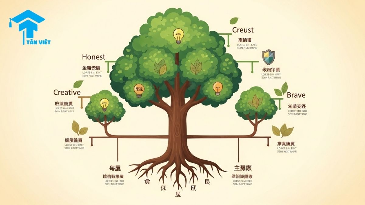 Từ Vựng Tiếng Trung về Tính Cách: Toàn Tập A-Z & Phân Tích Chuyên Sâu 2 An infographic of a 'Personality Tree' showing how traditional Chinese values are the roots of different character traits. A visual tool for learning Chinese vocabulary for personality, including core concepts like 仁 (rén) and 义 (yì).