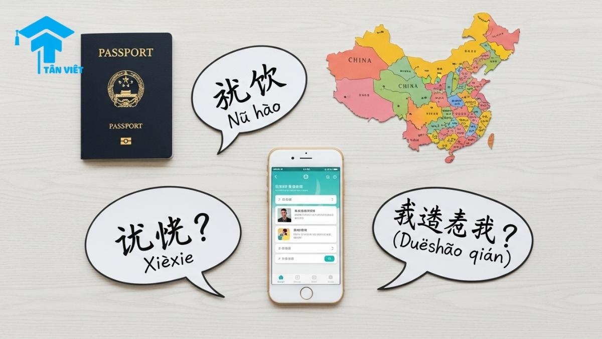 Từ Vựng Tiếng Trung Du Lịch: Cẩm Nang A-Z Cho Mọi Chuyến Đi 1 A 16:9 flatlay of travel essentials including a passport, map, and speech bubbles with key Chinese travel vocabulary like '你好' and '多少钱?'. This is a visual guide for learning essential Mandarin phrases for a trip to China, provided by Tan Viet Prime.