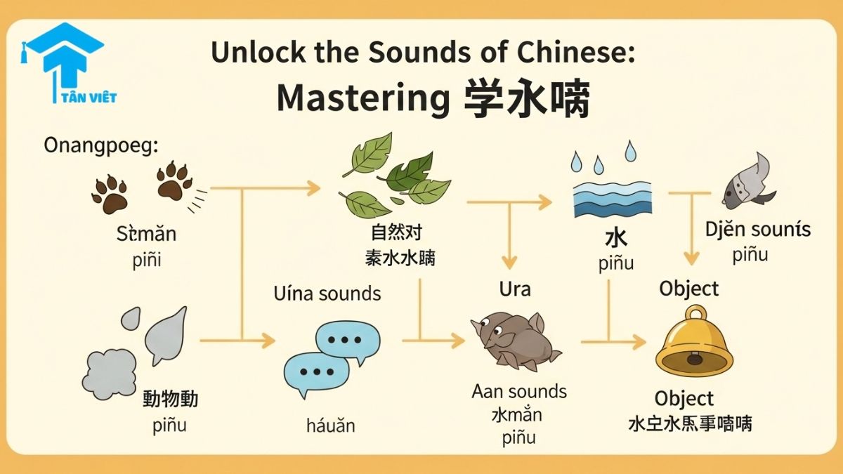 Từ Tượng Thanh Tiếng Trung (拟声词): Hướng Dẫn Toàn Diện & Ví Dụ A-Z 2 Cute Korean learning map: "Unlock Chinese Sounds: Mastering 拟声词," connecting animal, nature, human, and object sounds with pinyin.