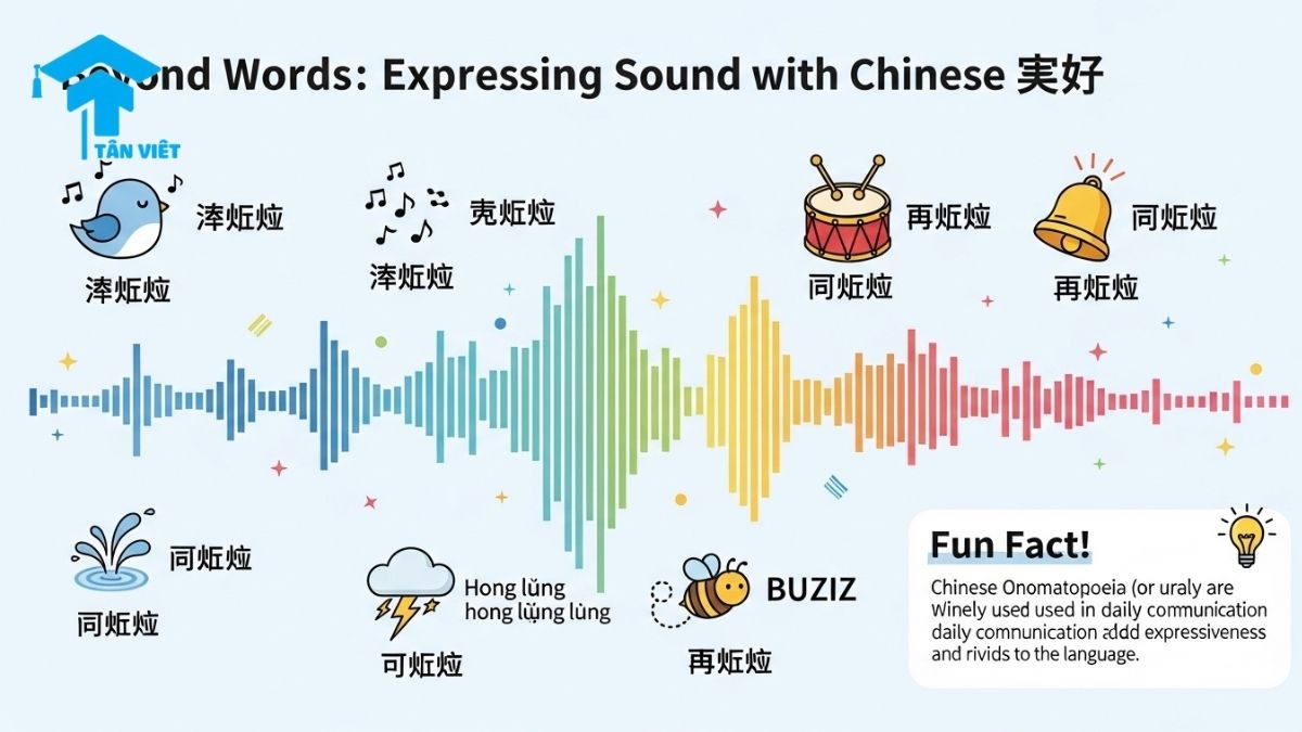 Từ Tượng Thanh Tiếng Trung (拟声词): Hướng Dẫn Toàn Diện & Ví Dụ A-Z 3 Modern cute Korean infographic: "Expressing Sound with Chinese 拟声词" on a sound spectrum with fun facts.