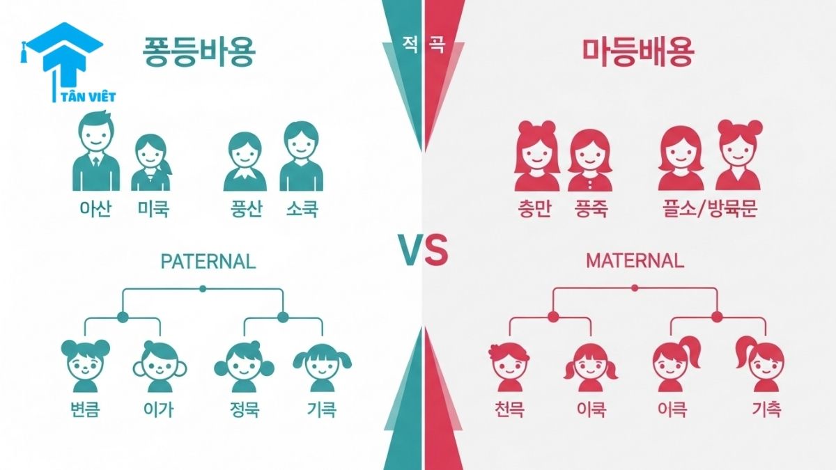 Từ Vựng Tiếng Trung Chủ Đề Gia Đình: Toàn tập Cách Xưng Hô Từ A-Z 2 Modern Korean infographic comparing Chinese paternal (内 - nèi) relatives (伯伯, 叔叔, 姑姑, 堂哥, 堂弟, 堂姐, 堂妹) and maternal (外 - wài) relatives (舅舅, 阿姨, 姨妈, 表哥, 表弟, 表姐, 表妹). Keywords: Chinese kinship terms, paternal vs maternal family, Mandarin Chinese relatives, family relationships in China, Korean flat design infographic.