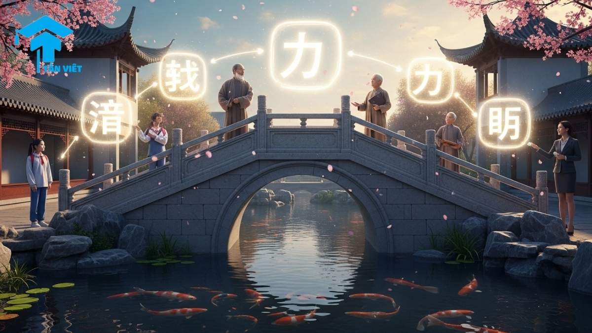 Cách Dùng Đại Từ Tiếng Trung (我,你,他): Cẩm Nang Cho Người Mới Học 1 Hình ảnh minh họa khái niệm đại từ tiếng Trung (代词) như một cây cầu kết nối, với các ký tự nhân xưng 我, 你, 他 phát sáng, thể hiện cách đại từ liên kết mọi người trong giao tiếp.