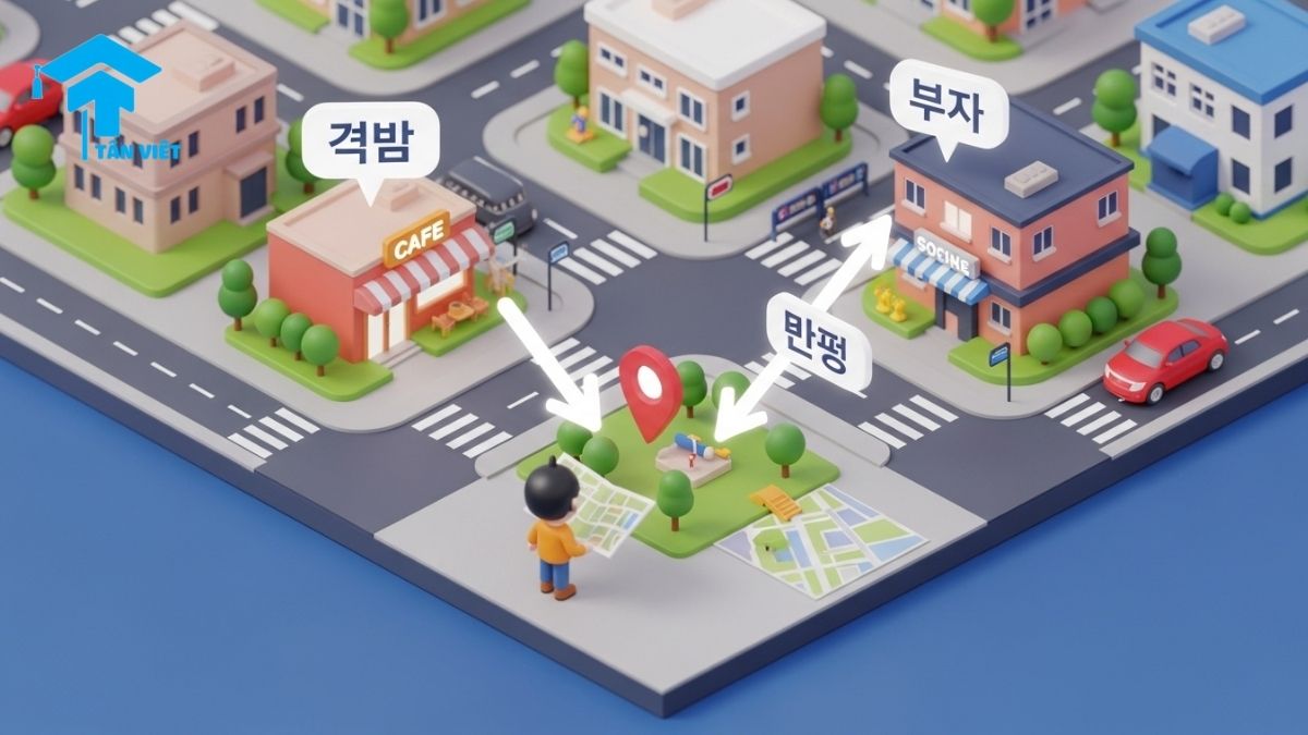 Từ Vựng Vị Trí Tiếng Hàn (위, 아래, 옆): Cách Dùng -에, -에서 & Ví Dụ 2 A flat lay image of a study desk showing how to learn Korean vocabulary for location (từ vựng tiếng Hàn chỉ vị trí). A textbook is open, with a coffee mug next to it (옆), glasses on it (위), and a plant in front of it (앞), illustrating words like trên, dưới, trước, sau.