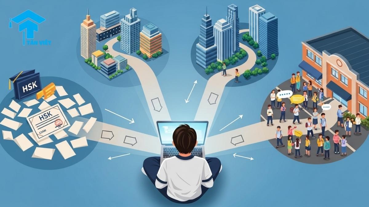 Khóa Học Tiếng Trung Online 2025: Đánh Giá & So Sánh (HSK, Giao tiếp) 1 A student thoughtfully chooses their personalized learning pathway from an online Chinese course, with different roads for HSK preparation, business Chinese, and conversational skills, illustrating how to select the right course in 2025.