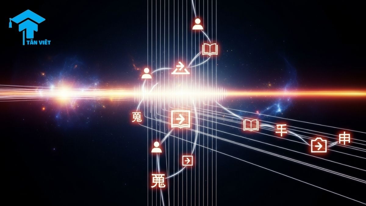 An abstract image of conjunctions like 'if' (如果) and 'not only' (不但) weaving words together, symbolizing how Chinese conjunctions (连词) create complex and coherent sentences.