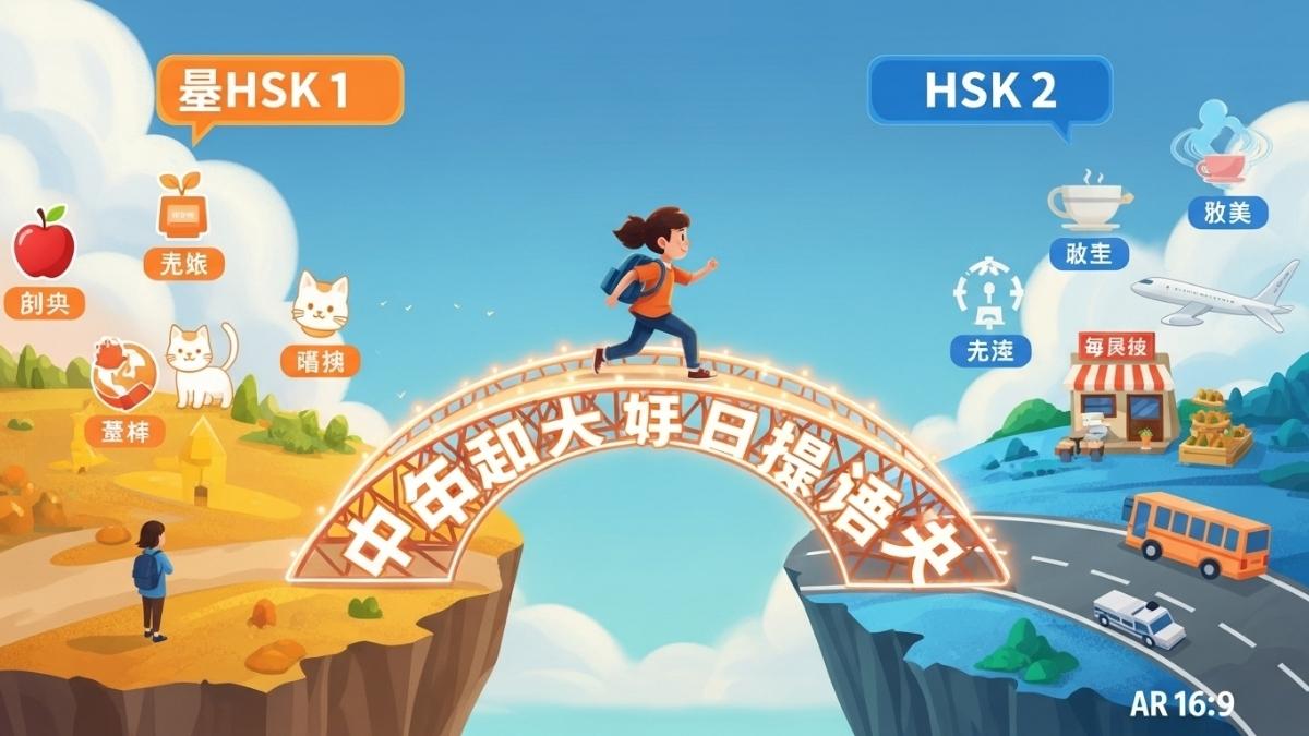 A student crosses a bridge made of HSK 2 Chinese characters, symbolizing the journey of learning Chinese from HSK 1 basics to HSK level 2 conversational skills with the Tan Viet Prime vocabulary list.